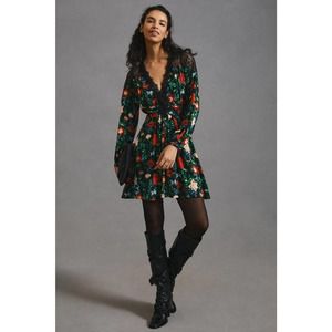 Floral V-Neck Long Sleeve Mini Dress - Green